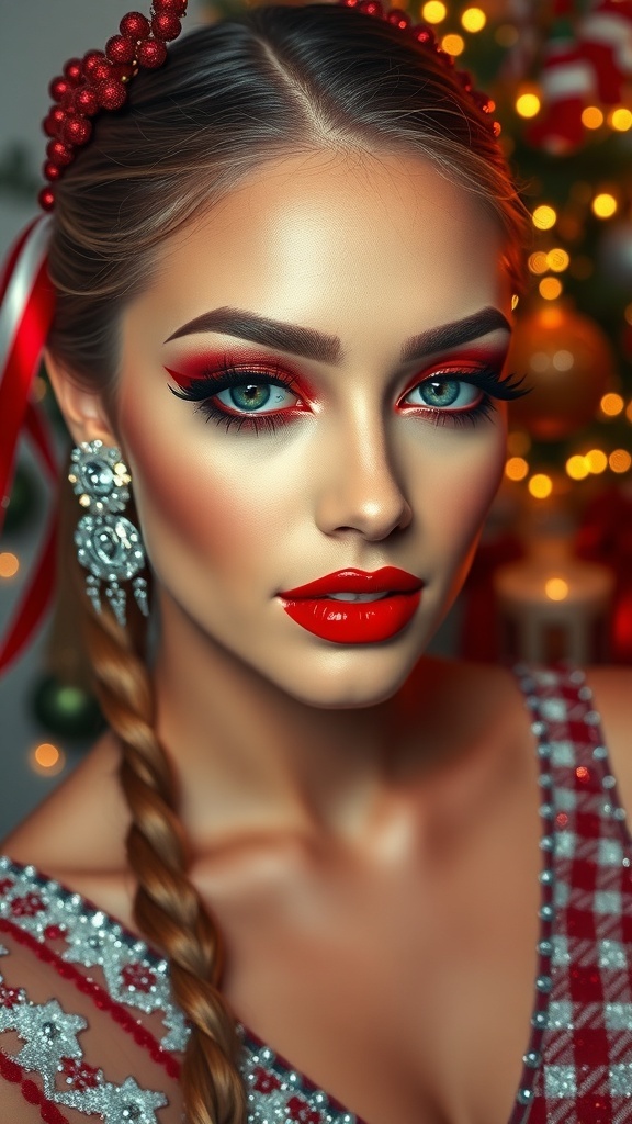 Dramatic Christmas Makeup Tutorial Dramatic Christmas makeup with bold red and gold colors, featuring a model with striking eye makeup and red lips against a festive backdrop.